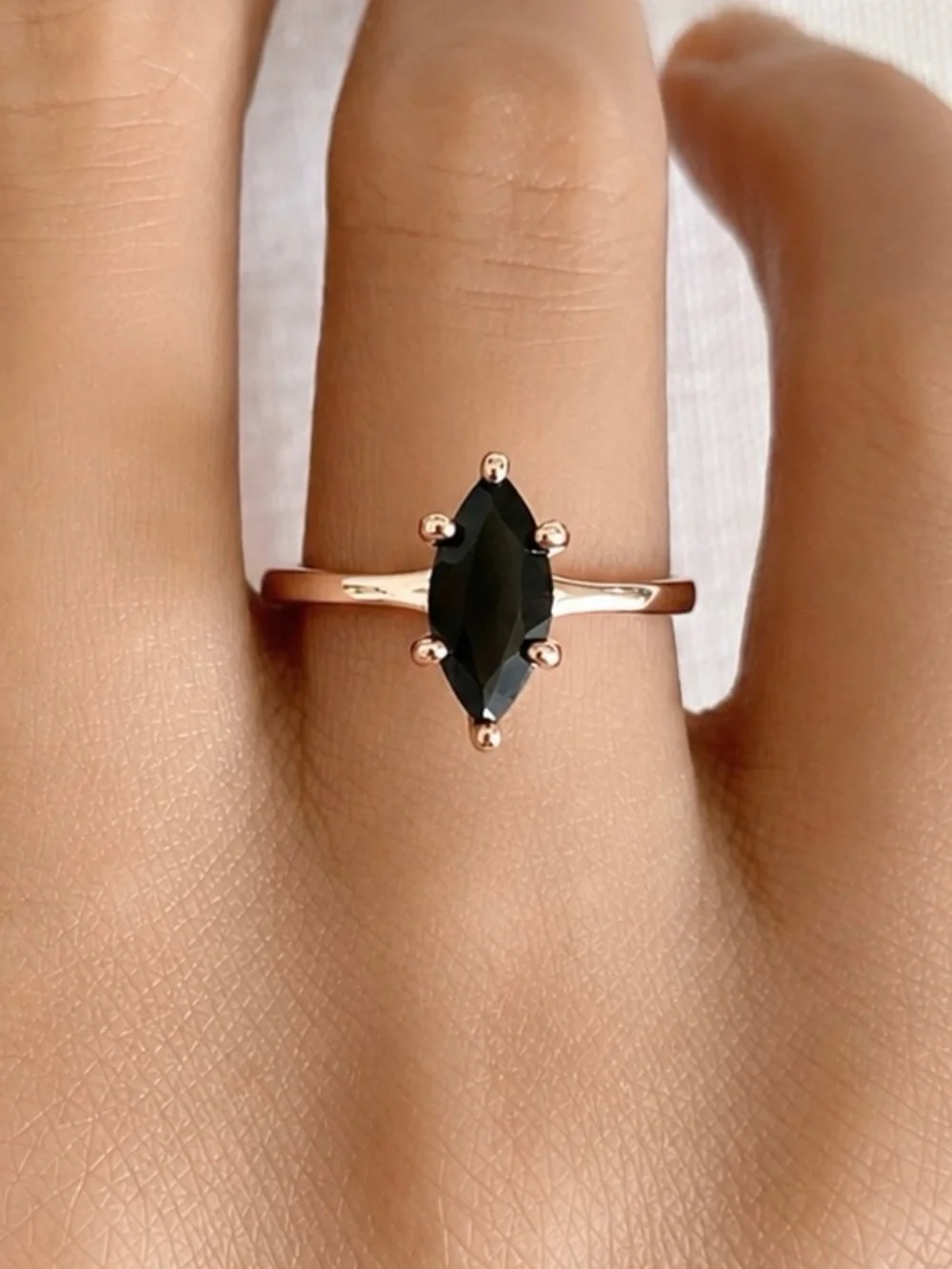 Rose Gold Black CZ Marquise Cut Solid Sterling Silver Solitaire Stackable Ring